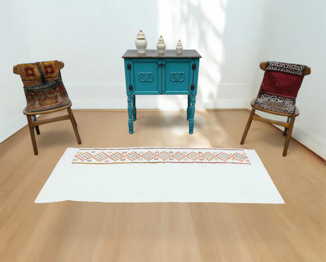 2.4 ft x 6.5 ft Vintage Embroidered Flatweave Kilim